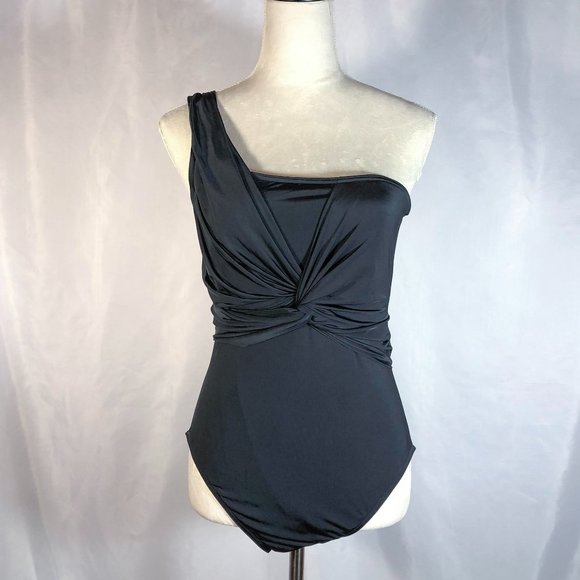 NWOT Calvin Klein Twist-Front One Shoulder Swimsuit Black Size14 - Picture 1 of 10